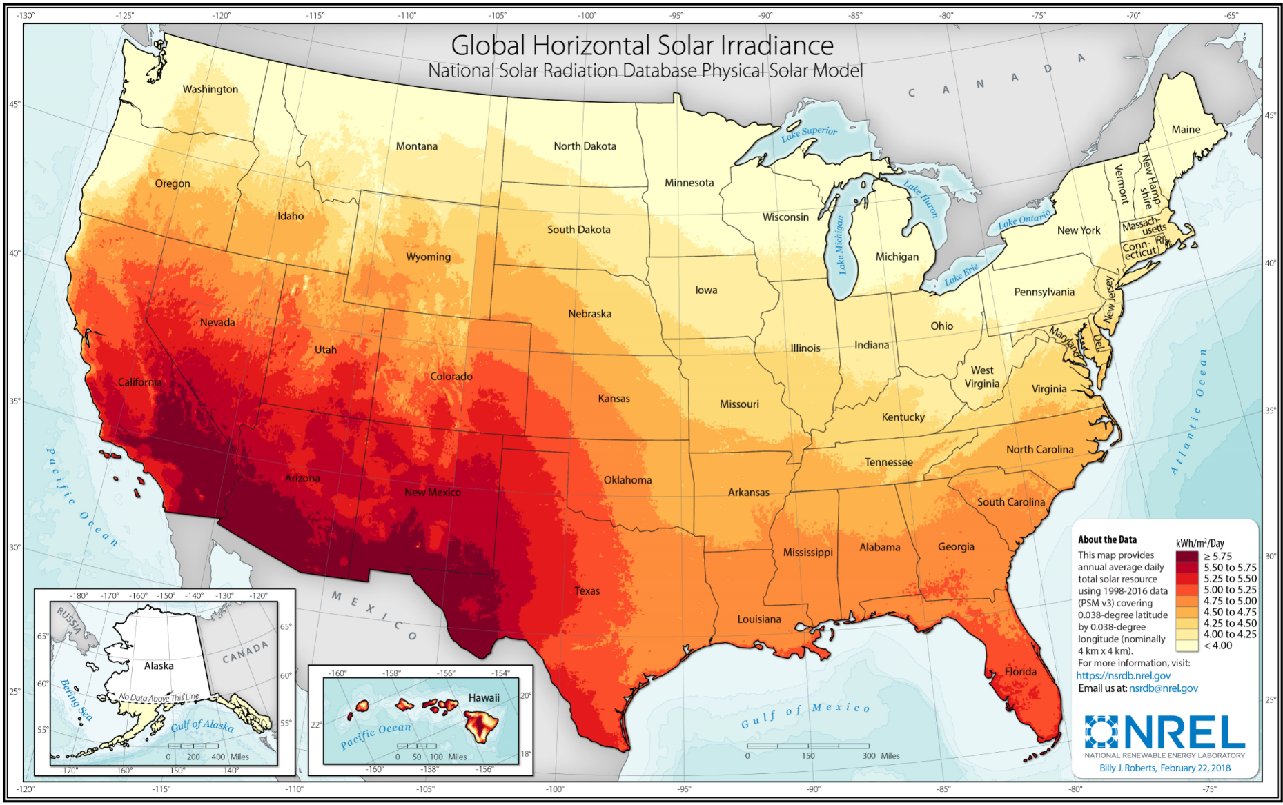 NREL solar irradiance map of the USA
